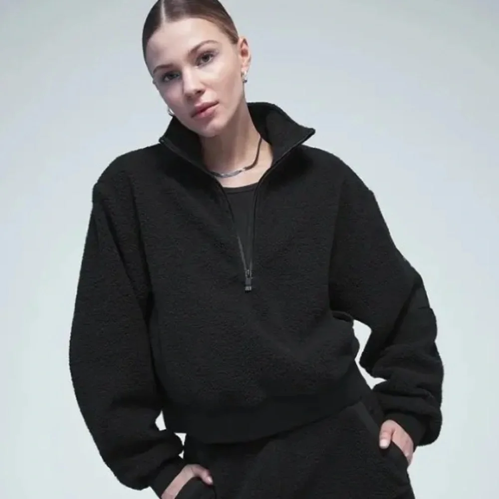 All Black Half-Zip Sherpa Fleece Pullover Jacket - Picture 1 of 2